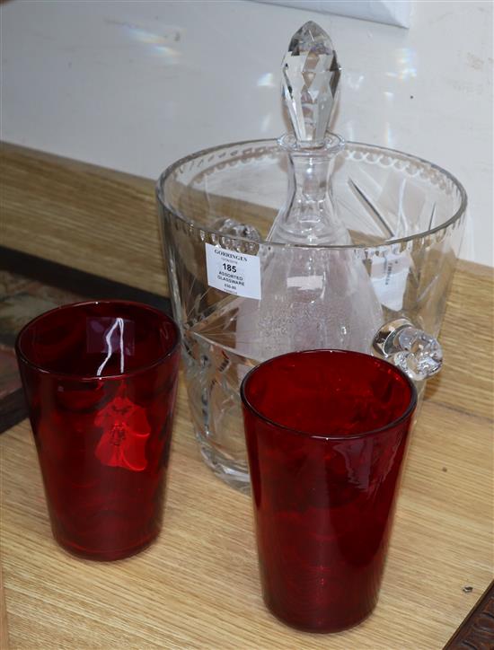 Two Whitefriars optic design ruby tumbler vases, a heavy lead crystal ice bucket and a cut glass decanter and stopper